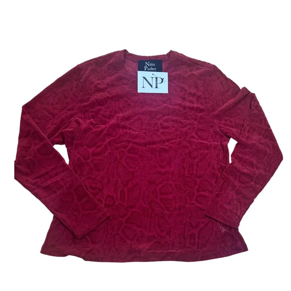 NWT Nina Parker Plus Snake Printed Party Wear Blouse 1X Burgundy - Picture 2 of 5